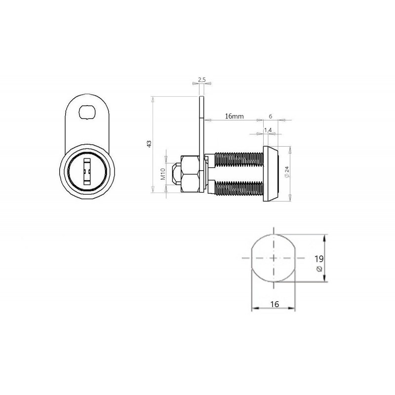 Zamek z frezowanym kluczem - Security Cam Locks, rysunek techniczny / wymiary Zamek z frezowanym kluczem - Security Cam Locks, rysunek techniczny / wymiary